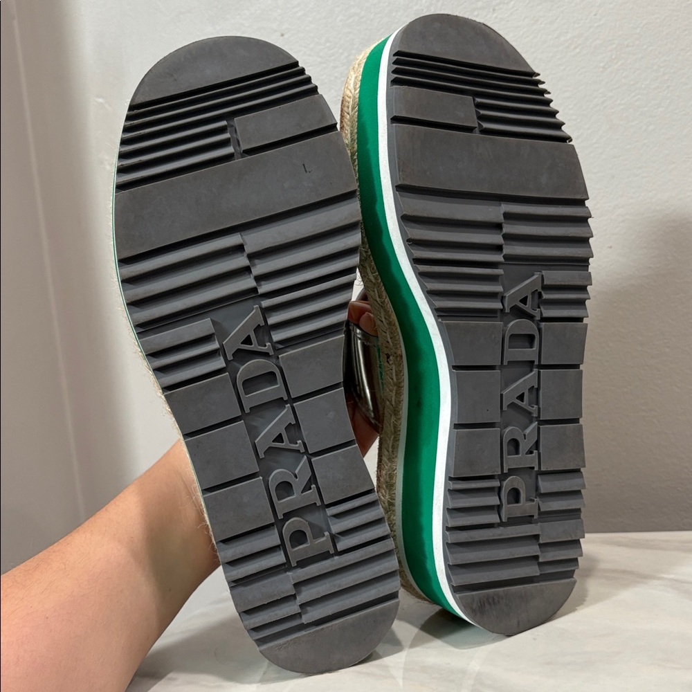 Prada Silver and Green Platform Metallic Two Band Espadrille Slides 37.5 7.5 - Picture 11 of 13
